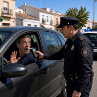 Older Spanish man with wide comical eyes blowing into a police breathalyzer during a daytime traffic stop