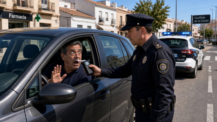 Older Spanish man with wide comical eyes blowing into a police breathalyzer during a daytime traffic stop
