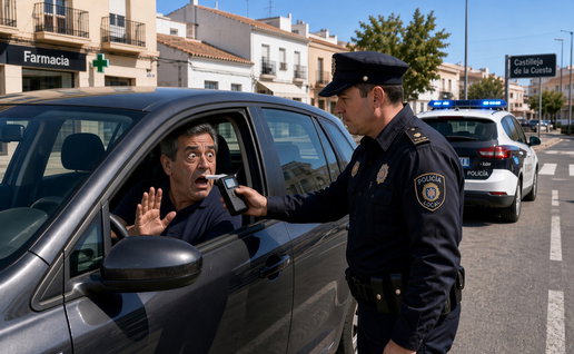Older Spanish man with wide comical eyes blowing into a police breathalyzer during a daytime traffic stop