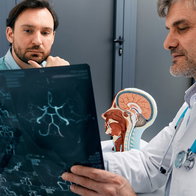 A male doctor holding and reviewing a magnetic resonance imaging (MRI) brain scan film with a attentive male patient in a clinic.