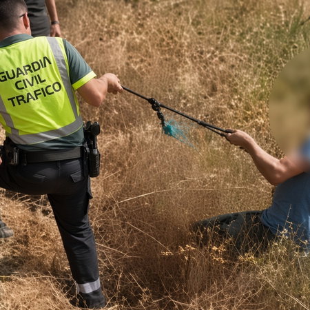 Guardia Civil officers detaining a blurred-face suspect in dry grass field after robbery.