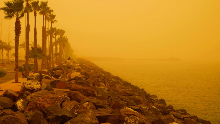 Yellow skies from Saharan dust on a beach front