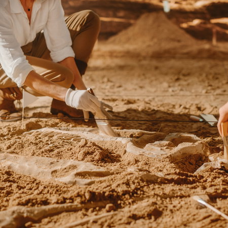 Palaeontologists working in the field on a dinosaur fossil