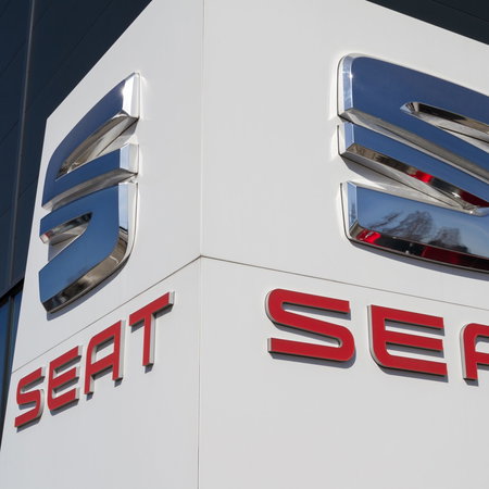 Logo of the Spanish car brand SEAT on a wall of a distribution centre