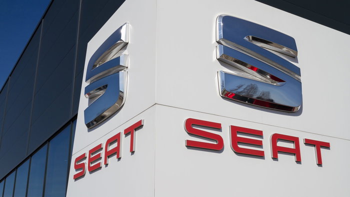 Logo of the Spanish car brand SEAT on a wall of a distribution centre
