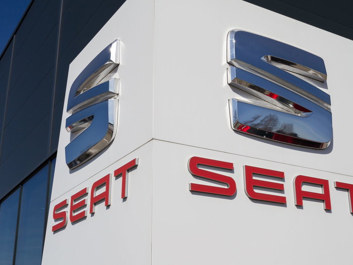 Logo of the Spanish car brand SEAT on a wall of a distribution centre