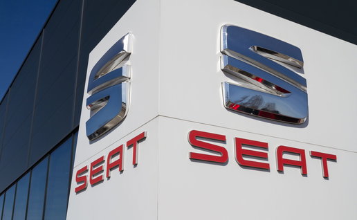 Logo of the Spanish car brand SEAT on a wall of a distribution centre