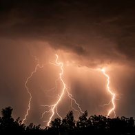 Lightning bolts fall on a forest at night