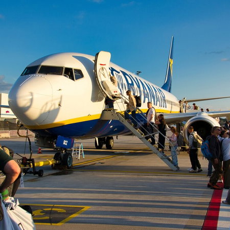 Passengers boarding a Ryanair flight.