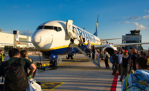 Passengers boarding a Ryanair flight.