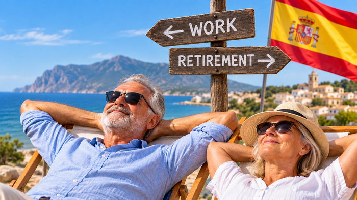 Couple relaxing in Spain beside a sign pointing to work and retirement