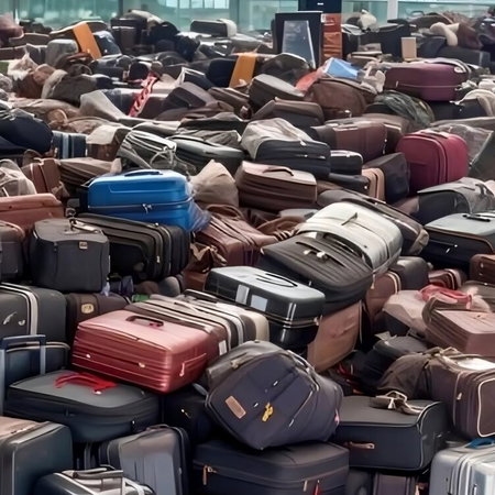 Missing luggage piled up at Madrid airport.