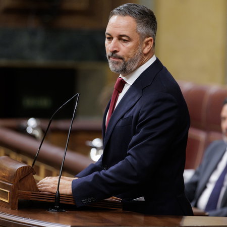 Spains far right leader Santiago Abascal in congress