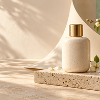 AI image of a orchid flower and beige stone bottle on a stand
