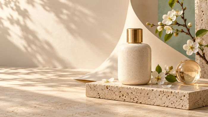 AI image of a orchid flower and beige stone bottle on a stand
