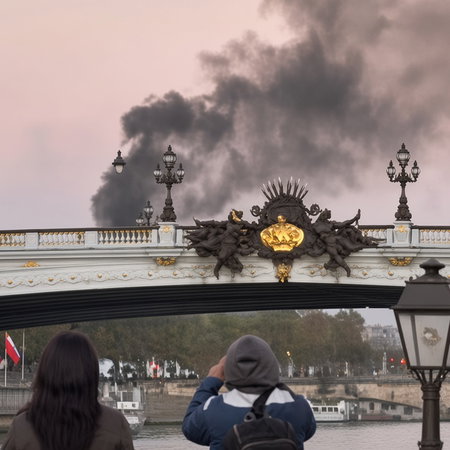 Ornate Paris bridge with thick black smoke rising behind it at dusk, people watching from the foreground.
