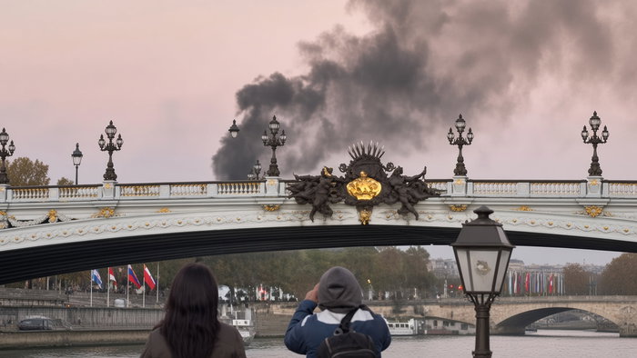Ornate Paris bridge with thick black smoke rising behind it at dusk, people watching from the foreground.