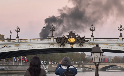 Ornate Paris bridge with thick black smoke rising behind it at dusk, people watching from the foreground.