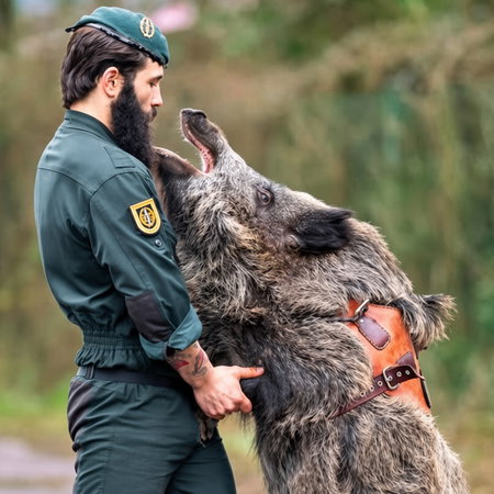 Man in green uniform and beret nuzzling a large wild boar wearing a leather harness.