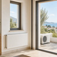 AI generated image of a view of a wall in a house with a radiator on wall - near patio door with view of the sea