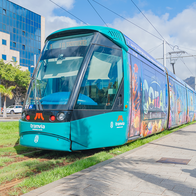 A turquoise Tenerife tram covered in a colourful advert, running along grass-covered tracks beside a palm-lined pavement and an office building.
