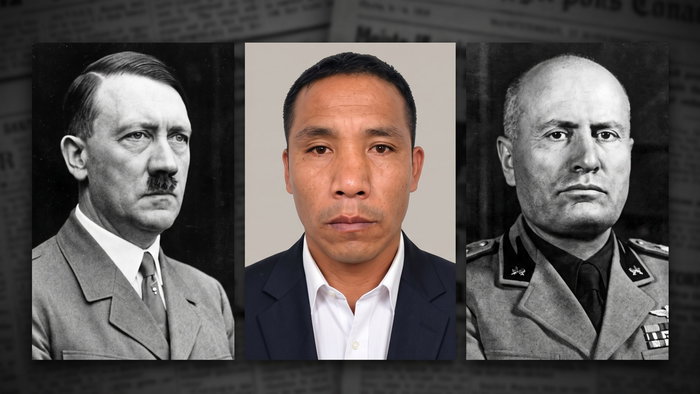 Hitler Mussolini Simeon Flores, newly elected mayor in Peru, pictured between historical portraits of Adolf Hitler and Benito Mussolini.