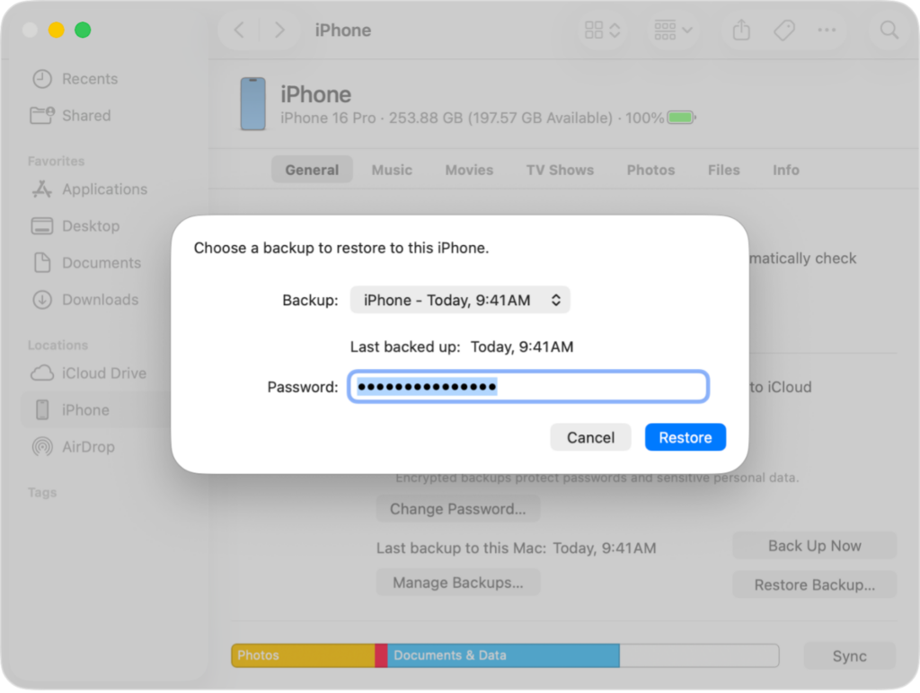Screenshot on how to choose the right back-up