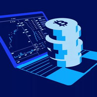 AI style image of a open laptop with bitcoins on keybaord blue colour and background