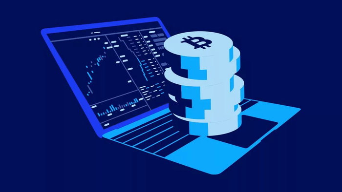 AI style image of a open laptop with bitcoins on keybaord blue colour and background
