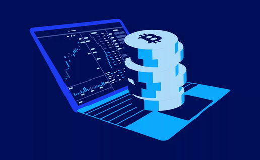 AI style image of a open laptop with bitcoins on keybaord blue colour and background