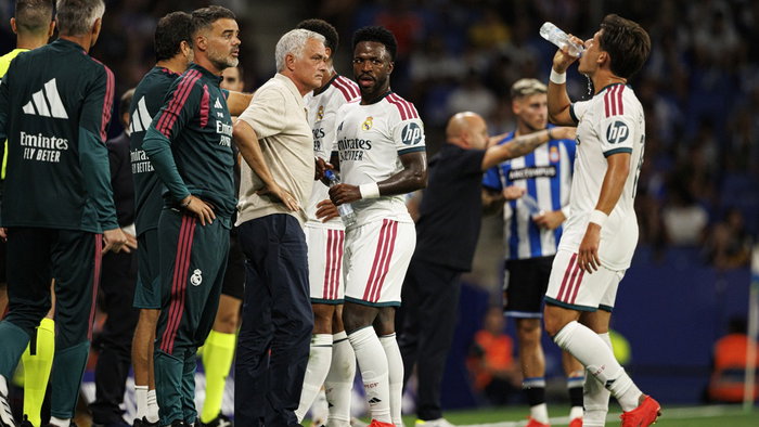 Barcelona, Spain - 08 22 2026: Jose Mourinho and Vinicius Vini Junior seen during LaLiga EASPORTS 2026 2027 game between teams of RCD Espanyol de Barcelona and Real Madrid FC at RCDE Stadium