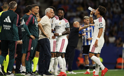 Barcelona, Spain - 08 22 2026: Jose Mourinho and Vinicius Vini Junior seen during LaLiga EASPORTS 2026 2027 game between teams of RCD Espanyol de Barcelona and Real Madrid FC at RCDE Stadium