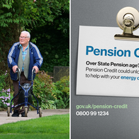 plit image. On the left, an older couple walk along a park path, the woman with a small dog on a lead and the man with a walking frame. On the right, a government poster asks if you’re over State Pension age, says Pension Credit could unlock help with energy costs, and gives gov.uk/pension-credit and 0800 99 1234.
