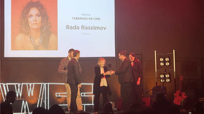 Rada Rassimov on stage at the Almería Western Film Festival opening ceremony receiving her 'Tabernas de Cine' award.