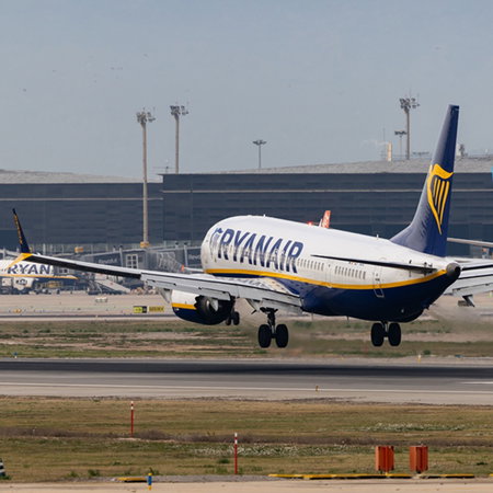 Ryanair plane landing at Barcelona El Prat Airport
