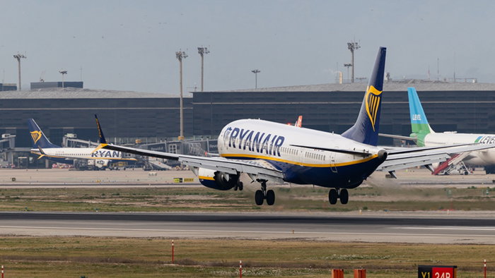 Ryanair plane landing at Barcelona El Prat Airport