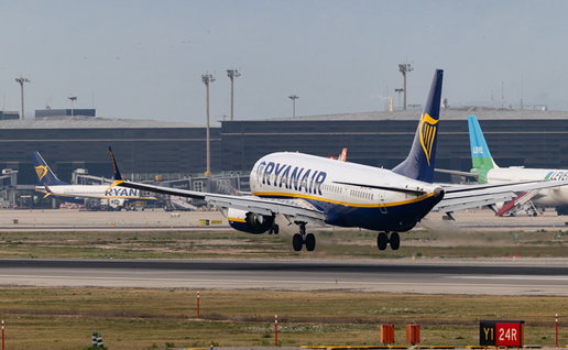 Ryanair plane landing at Barcelona El Prat Airport