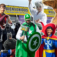 Collage of superhero, anime and fantasy cosplayers, a Dune sandworm display and WALL-E, with San Diego Comic-Con Málaga welcome banners behind them.