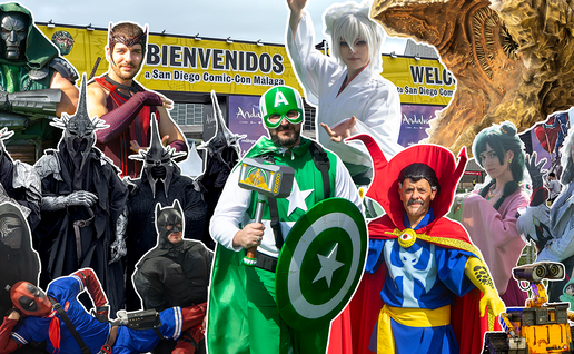 Collage of superhero, anime and fantasy cosplayers, a Dune sandworm display and WALL-E, with San Diego Comic-Con Málaga welcome banners behind them.