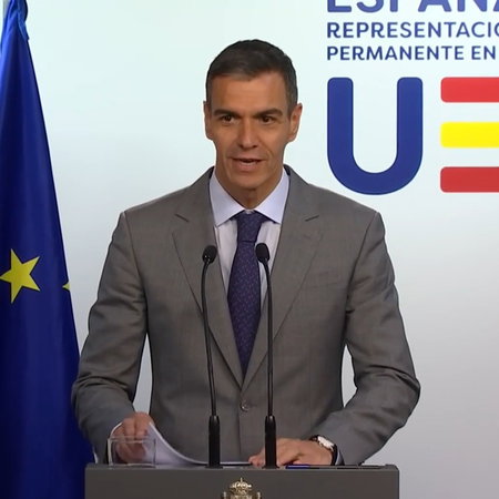 Pedro Sánchez speaking at a press conference following the EU summit in Brussels.