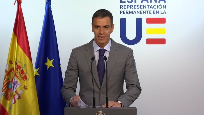 Pedro Sánchez speaking at a press conference following the EU summit in Brussels.