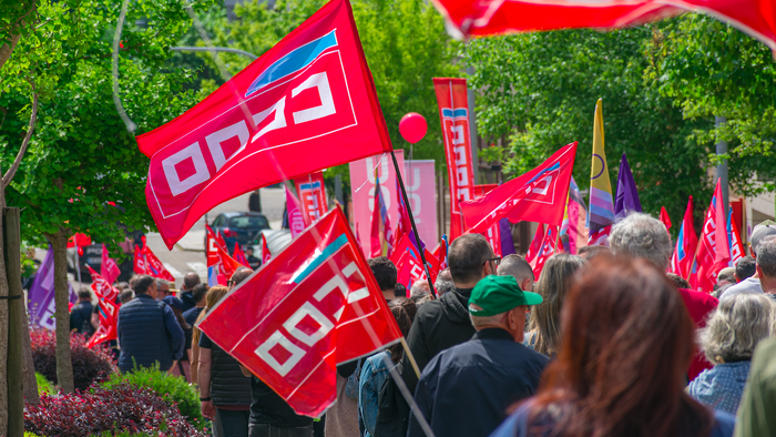 Members of workers unions protesting during a street manifestation in Spain