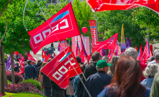 Members of workers unions protesting during a street manifestation in Spain