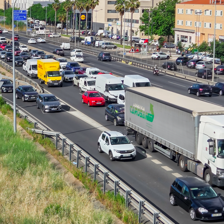A long road block due to a traffic jam on the outskirts of Madrid
