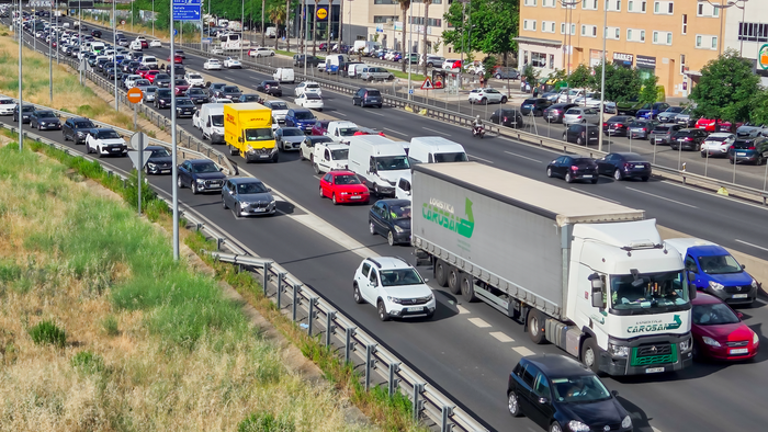 A long road block due to a traffic jam on the outskirts of Madrid