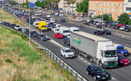 A long road block due to a traffic jam on the outskirts of Madrid