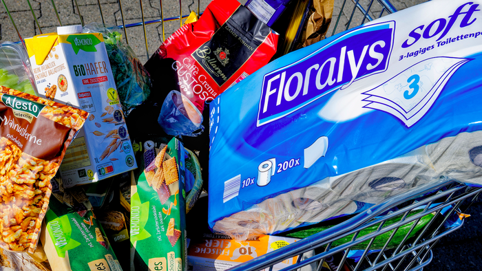 A shopping trolley full of a variety of products