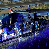 Nighttime highway accident scene showing an overturned black horse trailer on its side next to a road, with several horses (some in blue blankets), a group of people assisting, emergency lighting, guardrails, and a chain-link fence in the foreground.