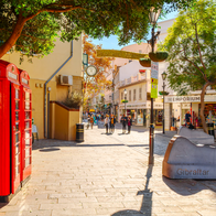 Main street in Gibraltar with two British phone boxes