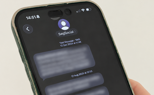 A hand holding a smartphone that shows a text message thread from a sender named SegSocial, with the message text blurred out.